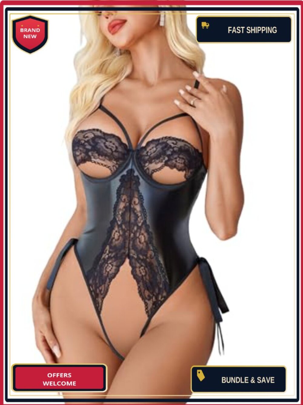 Lace Faux Leather Cutout Teddy Bodysuit Backless One Piece Lingerie